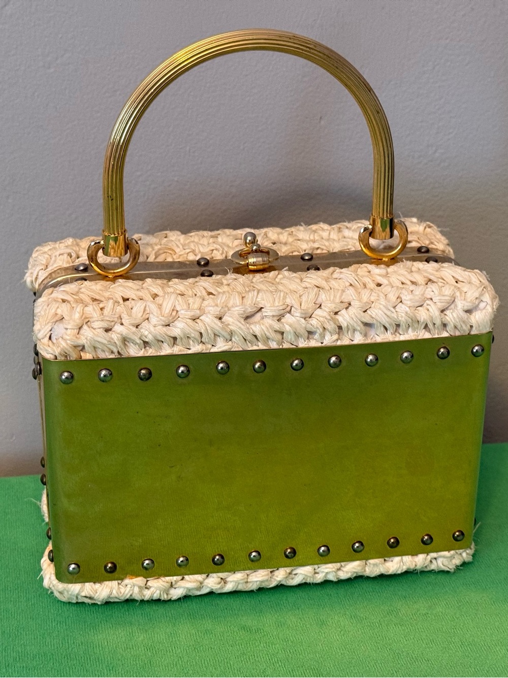 Vintage Goldtone Made in Italy Woven Top Handle Box Bag Rare!